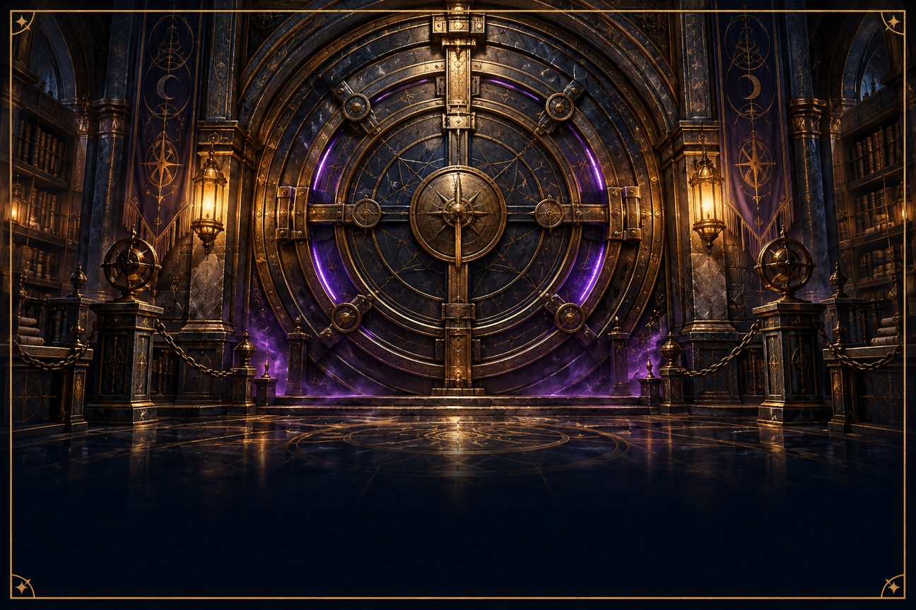 A massive circular vault door with brass bolts and violet light at its seams