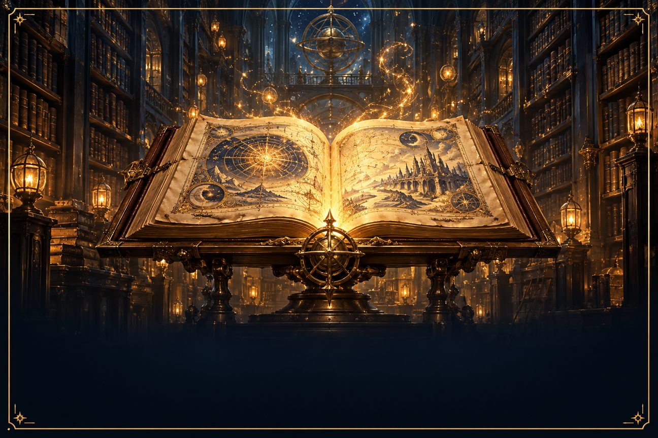 A vast open book glowing on a brass lectern among towering shelves